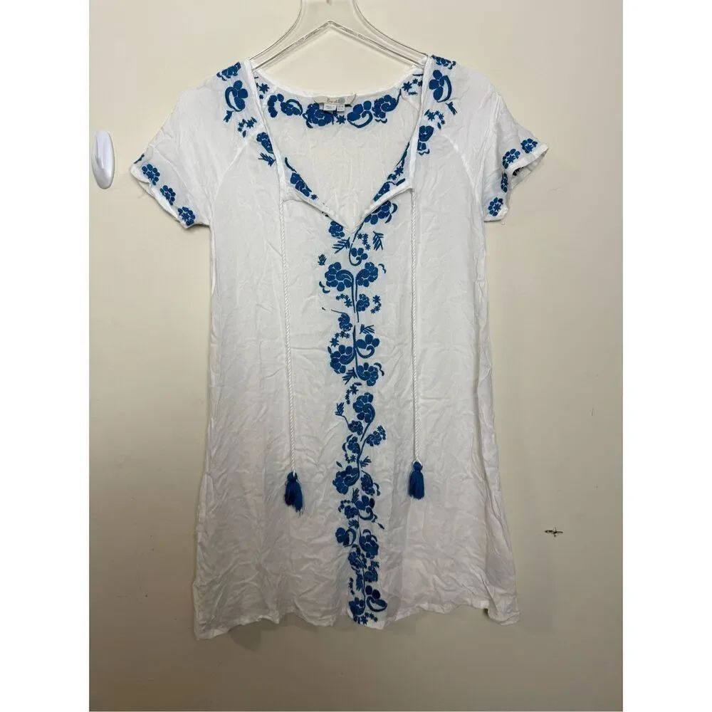 Boden Swim Cover Up Dress Embroidered Blue & White Viscose V Neck Tassel Women 6